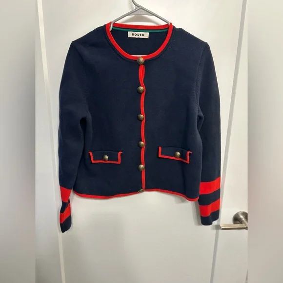 Boden Holly Cropped Knitted Jacket in Navy with Red Trim 100% Cotton - Picture 2 of 11